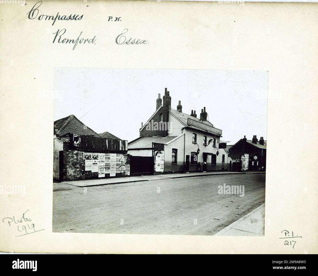 Photograph of Compasses PH, Romford, Essex. The main side of the print (shown here) depicts