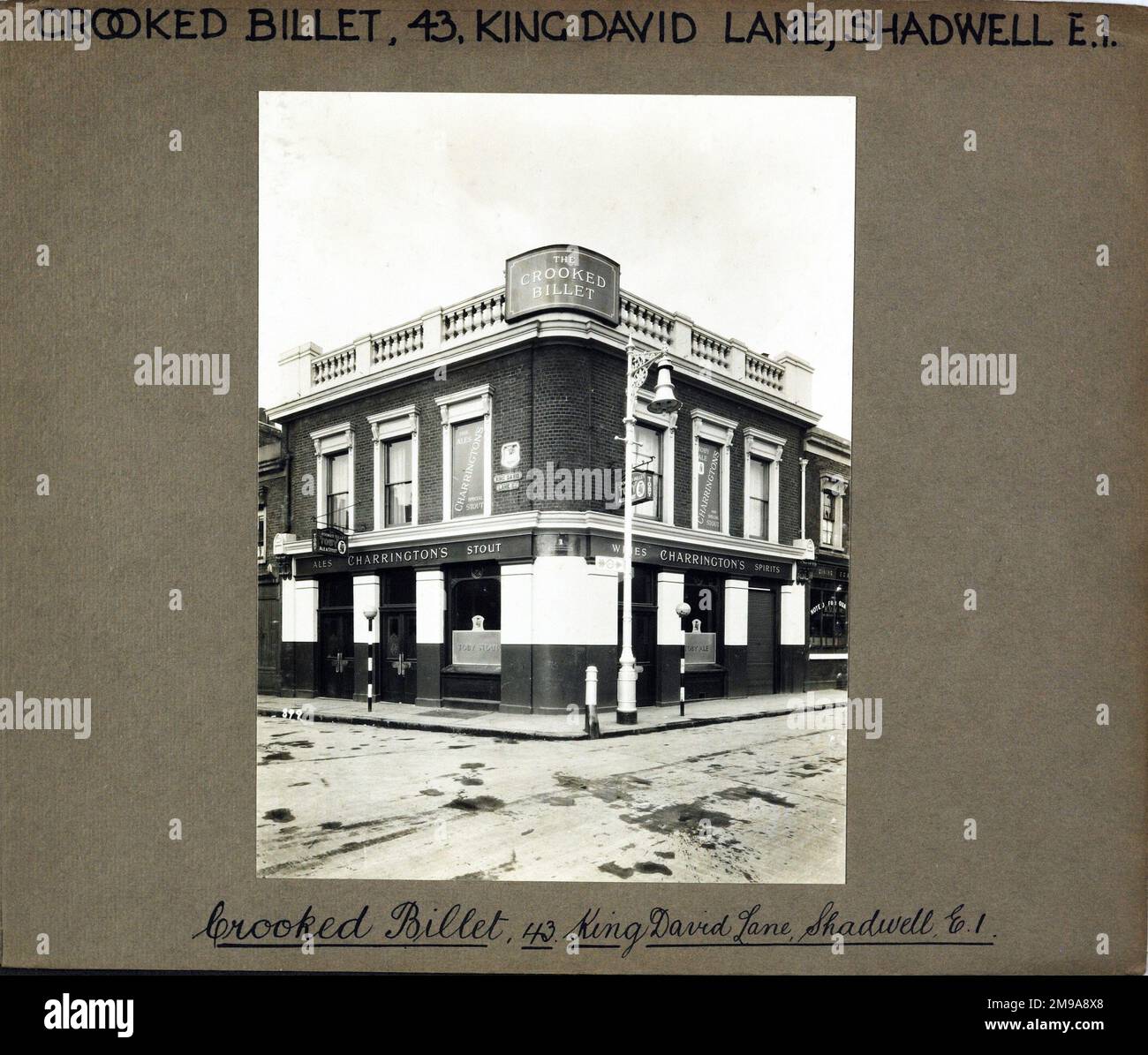 Photograph of Crooked Billet PH, Shadwell, London. The main side of the print (shown here) depicts: Corner on view of the pub.  The back of the print (available on request) details: Nothing for the Crooked Billet, Shadwell, London E1 0DY. As of July 2018 . Demolished Stock Photo