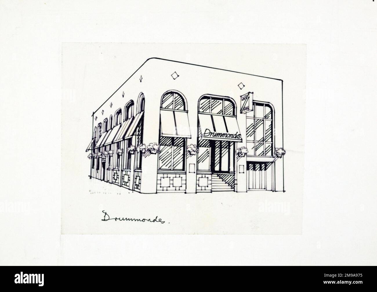 Sketch of  Drummonds Hotel, Chelsea, London. The main side of the print (shown here) depicts: Sketch of the pub.  The back of the print (available on request) details: Nothing for the Drummonds Hotel, Chelsea, London SW3 4ND. As of July 2018 . The sketch was done for the revamping and re.branding of the Chelsea Drug Store in Kings Rd Chelsea (previously the White Hart) , now a branch of MacDonalds. Stock Photo