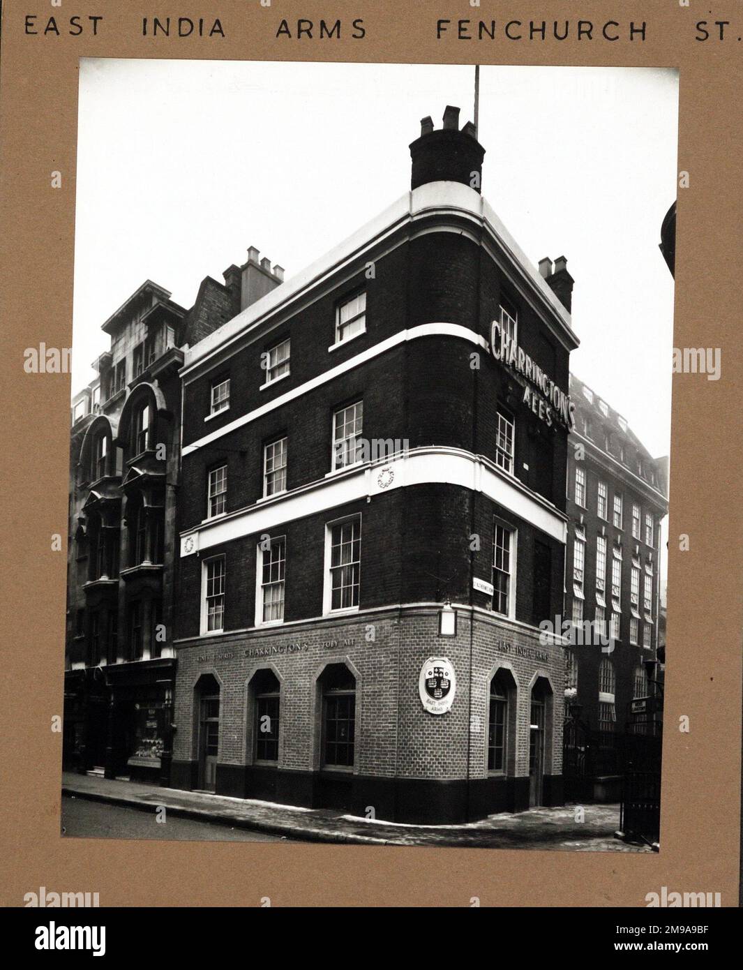Photograph of East India Arms, Fenchurch Street, London. The main side of the print (shown here) depicts: Corner on view of the pub.  The back of the print (available on request) details: Nothing for the East India Arms, Fenchurch Street, London EC3M 4BR. As of July 2018 . Shepherd Neame pub Stock Photo