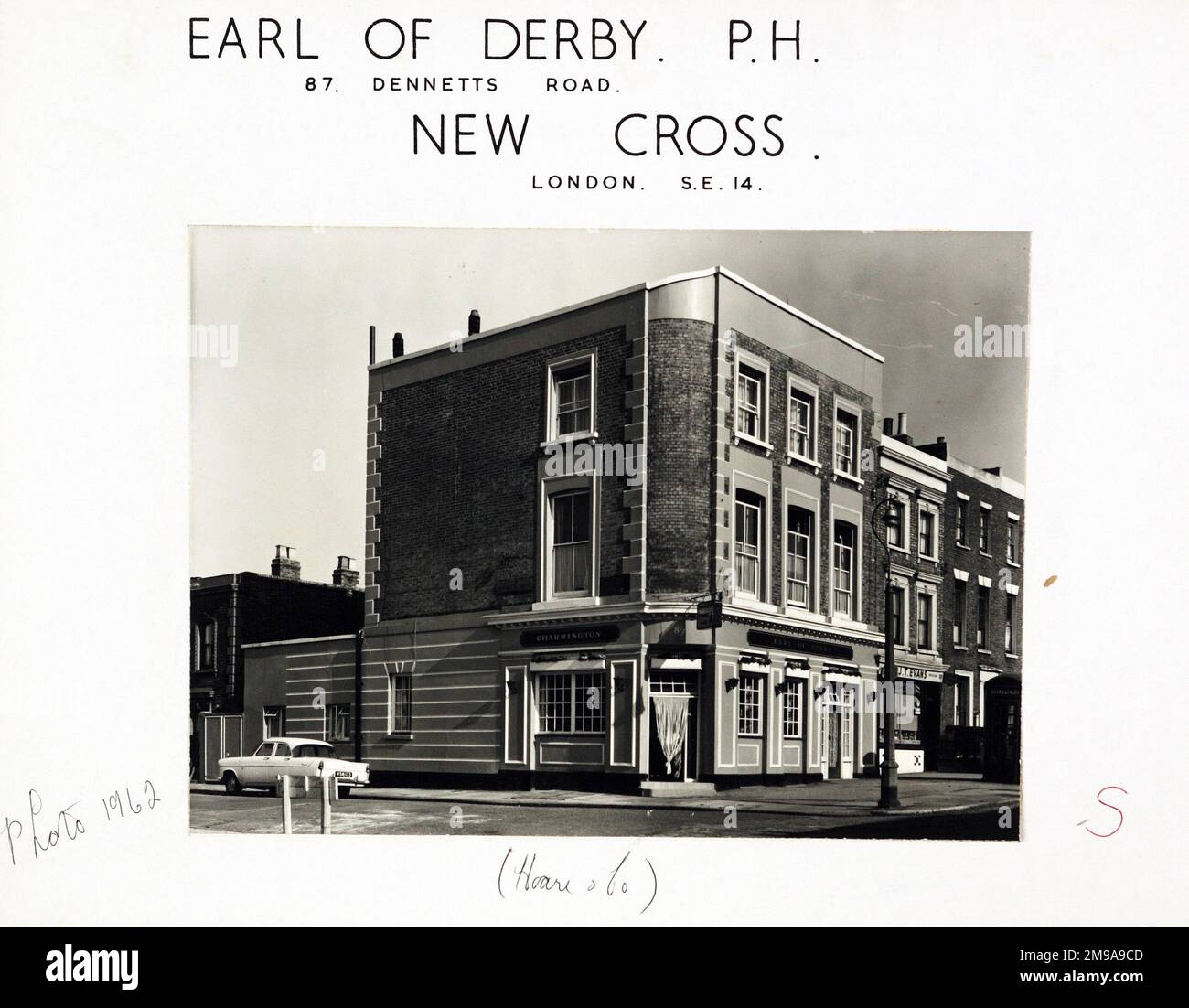 Photograph of Earl Of Derby PH, New Cross, London. The main side of the print (shown here) depicts: Corner on view of the pub.  The back of the print (available on request) details: Nothing for the Earl Of Derby, New Cross, London SE14 5LW. As of July 2018 . Owner Remarkable restaurants Stock Photo