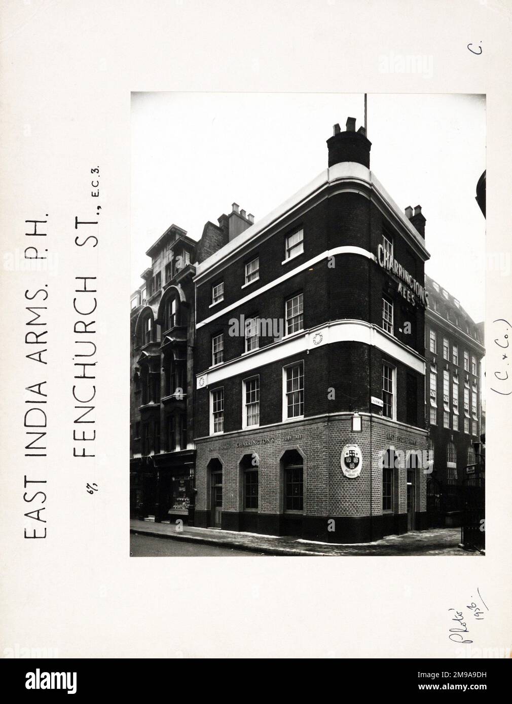 Photograph of East India Arms, Fenchurch Street, London. The main side of the print (shown here) depicts: Corner on view of the pub.  The back of the print (available on request) details: Trading Record 1939 . 1961 for the East India Arms, Fenchurch Street, London EC3M 4BR. As of July 2018 . Shepherd Neame pub Stock Photo
