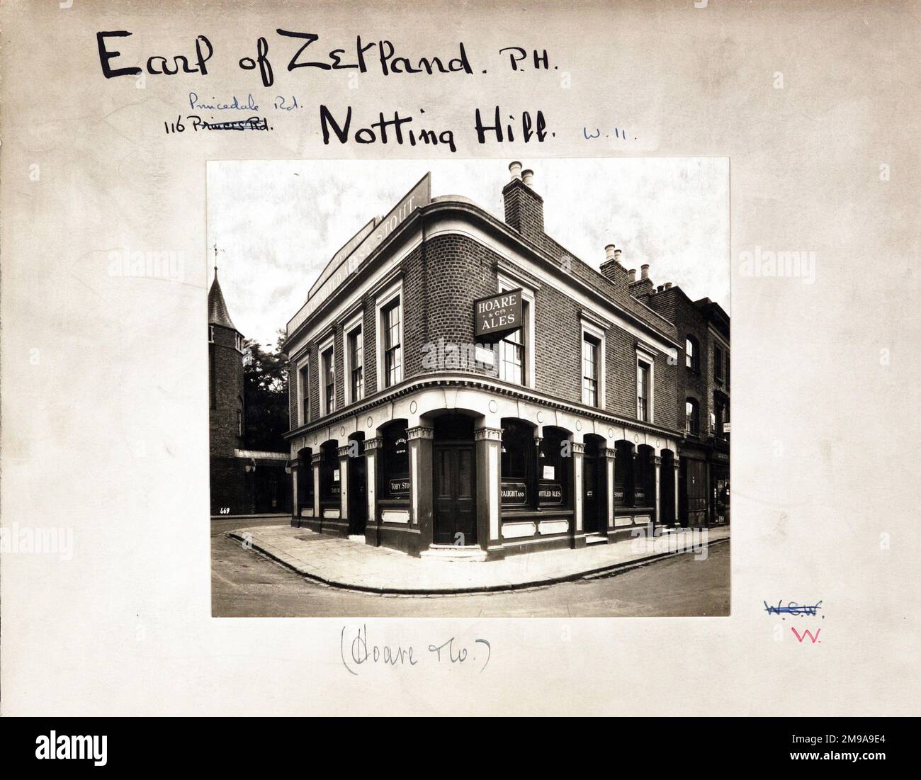 Photograph of Earl Of Zetland PH, Notting Hill, London. The main side of the print (shown here) depicts: Corner on view of the pub.  The back of the print (available on request) details: Trading Record 1934 . 1961 for the Earl Of Zetland, Notting Hill, London W11 4NH. As of July 2018 . The building is now offices for an asset management company with a new flat built on the second floor. Stock Photo