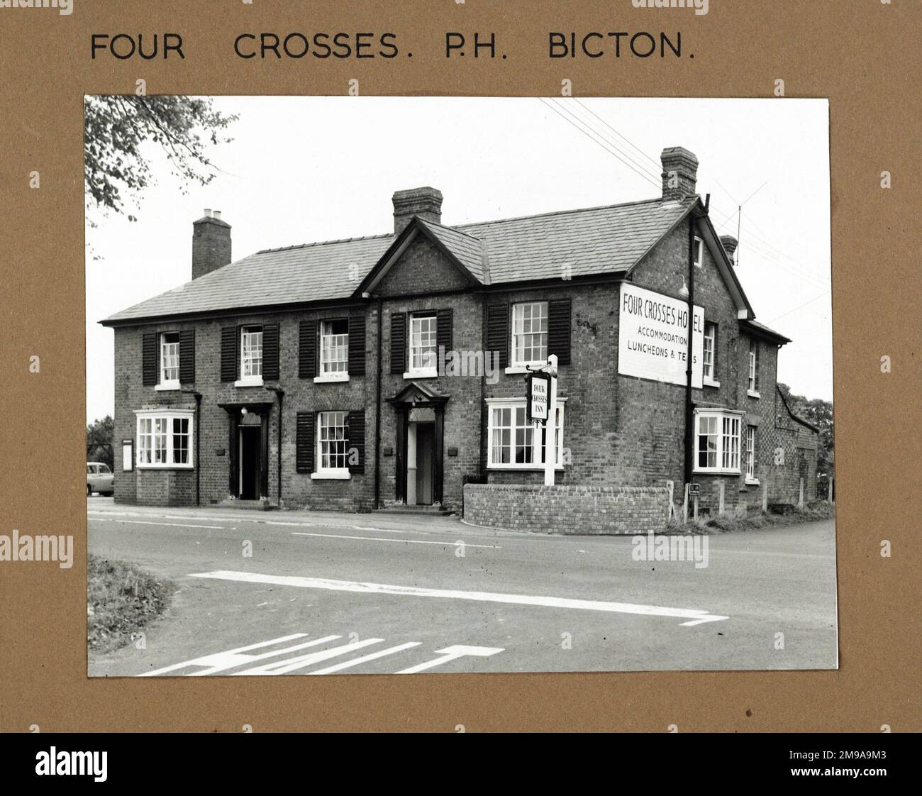 Photograph of Four Crosses PH, Bicton, Shropshire. The main side of the print (shown here) depicts: Right face on view of the pub.  The back of the print (available on request) details: Nothing for the Four Crosses, Bicton, Shropshire SY3 8EF. As of July 2018 . Individually owned Stock Photo