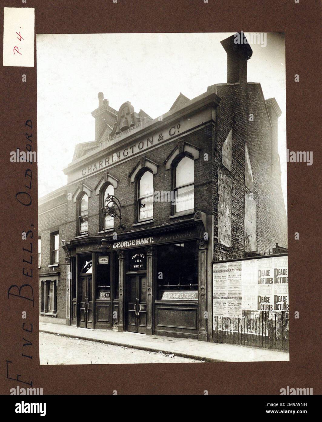 Photograph of Five Bells PH, Bow, London. The main side of the print (shown here) depicts: Right face on view of the pub.  The back of the print (available on request) details: Nothing for the Five Bells, Bow, London E3 5SP. As of July 2018 . Pubs called the Five Bells can often be found in docks areas. The name derives from the fact that ships kept time by a series of eight bells keeping time over a four hour cycle. Five bells was 2:30pm which was often closing time for the lunchtime session before all day opening. Now demolished Stock Photo