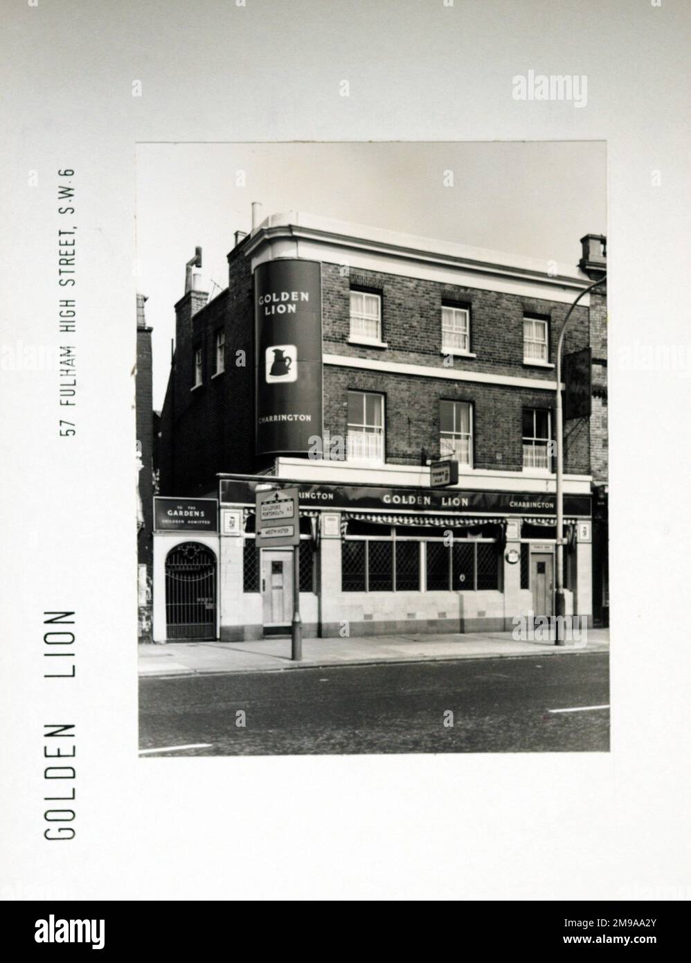 Photograph of Golden Lion PH, Fulham, London. The main side of the print (shown here) depicts: Left Face on view of the pub.  The back of the print (available on request) details: Nothing for the Golden Lion, Fulham, London SW6 3JJ. As of July 2018 . Oak Tree (Mitchells & Butlers) Stock Photo