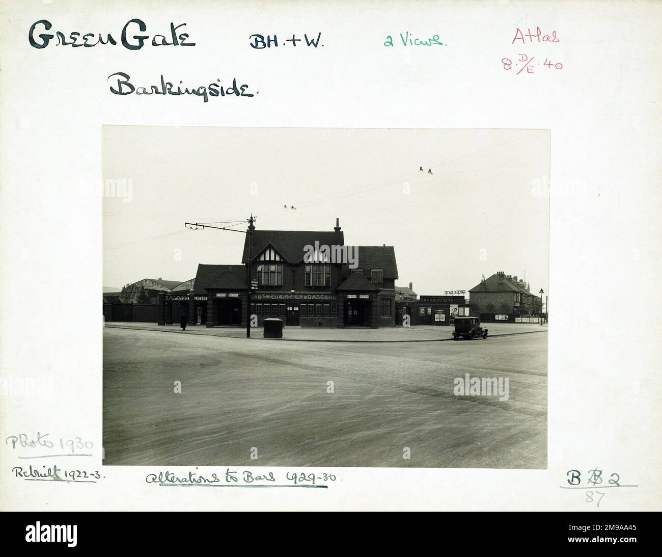 Photograph of Green Gate PH, Barkingside, Essex. The main side of the print (shown here) depicts: Face on view of the pub.  The back of the print (available on request) details: Trading Record 1924 . 1931 for the Green Gate, Barkingside, Essex IG2 7RH. As of July 2018 . Now McDonalds Stock Photo