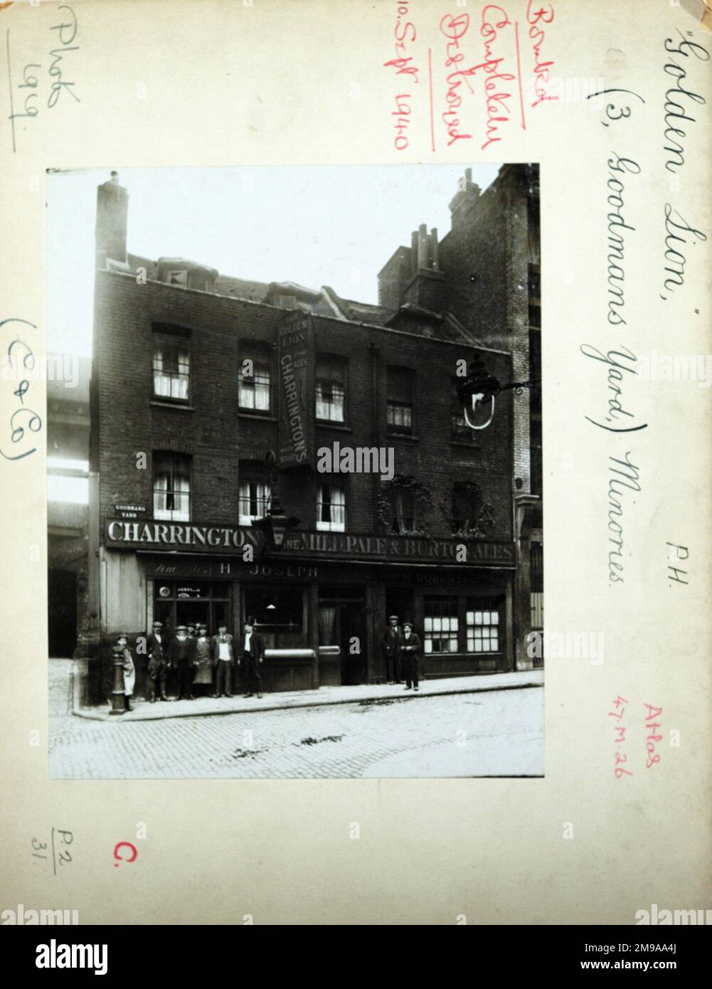 Photograph of Golden Lion PH, Minories, London. The main side of the print (shown here) depicts: Face on view of the pub.  The back of the print (available on request) details: Trading Record 1913 . 1940 for the Golden Lion, Minories, London EC3N 1LA. As of July 2018 . Closed and demolished Stock Photo