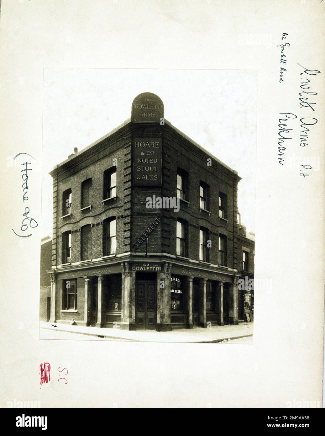 Photograph of Gowlett Arms, Peckham, London. The main side of the print (shown here) depicts: Corner on view of the pub.  The back of the print (available on request) details: Trading Record 1934 . 1961 for the Gowlett Arms, Peckham, London SE15 4HY. As of July 2018 . Punch Taverns Stock Photo