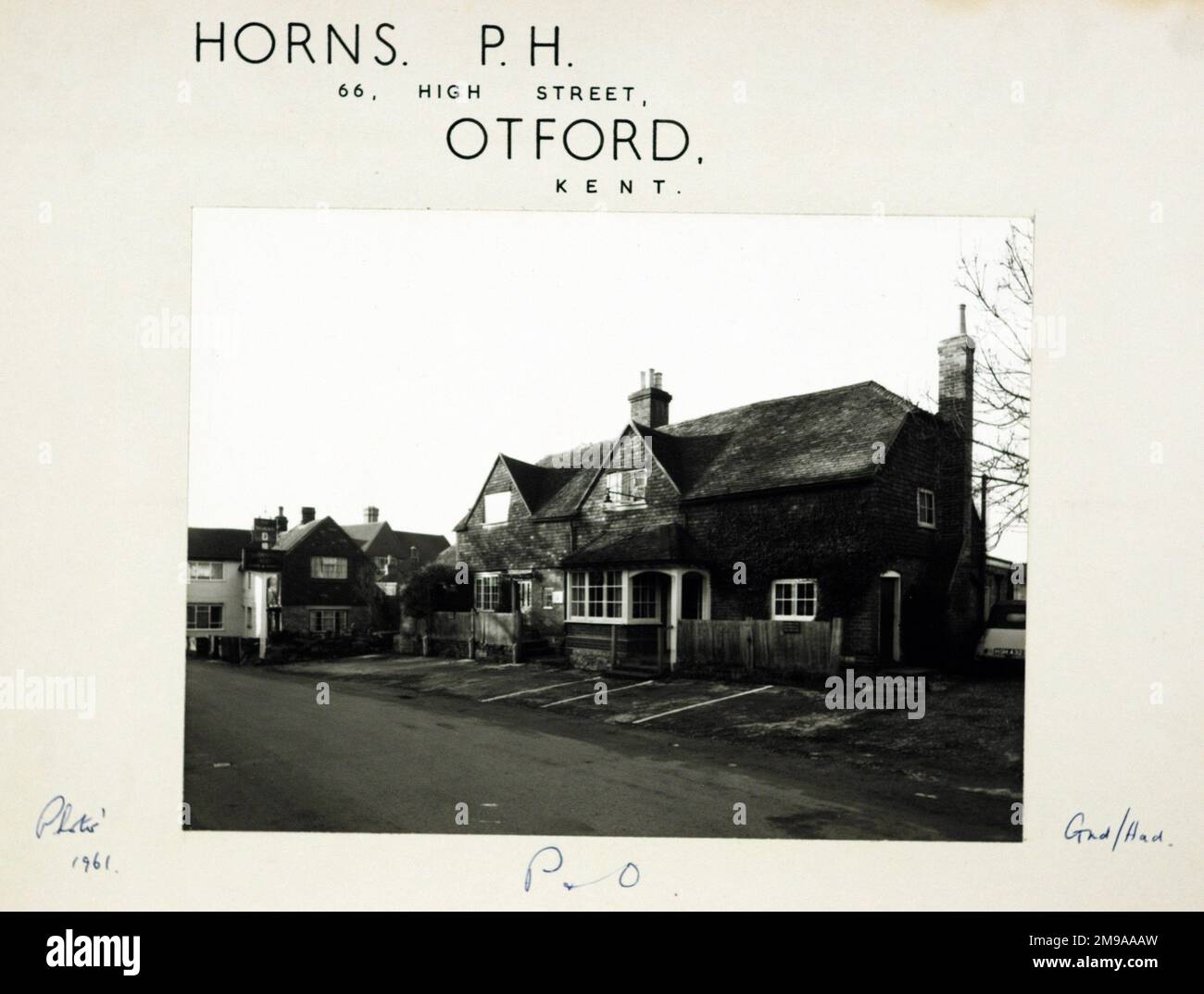 Photograph of Horns PH, Otford, Kent. The main side of the print (shown here) depicts: Right face on view of the pub.  The back of the print (available on request) details: Trading Record 1929 . 1961 for the Horns, Otford, Kent TN14 5PH. As of July 2018 . Pub converted into residential accommodation 2015-6 Stock Photo