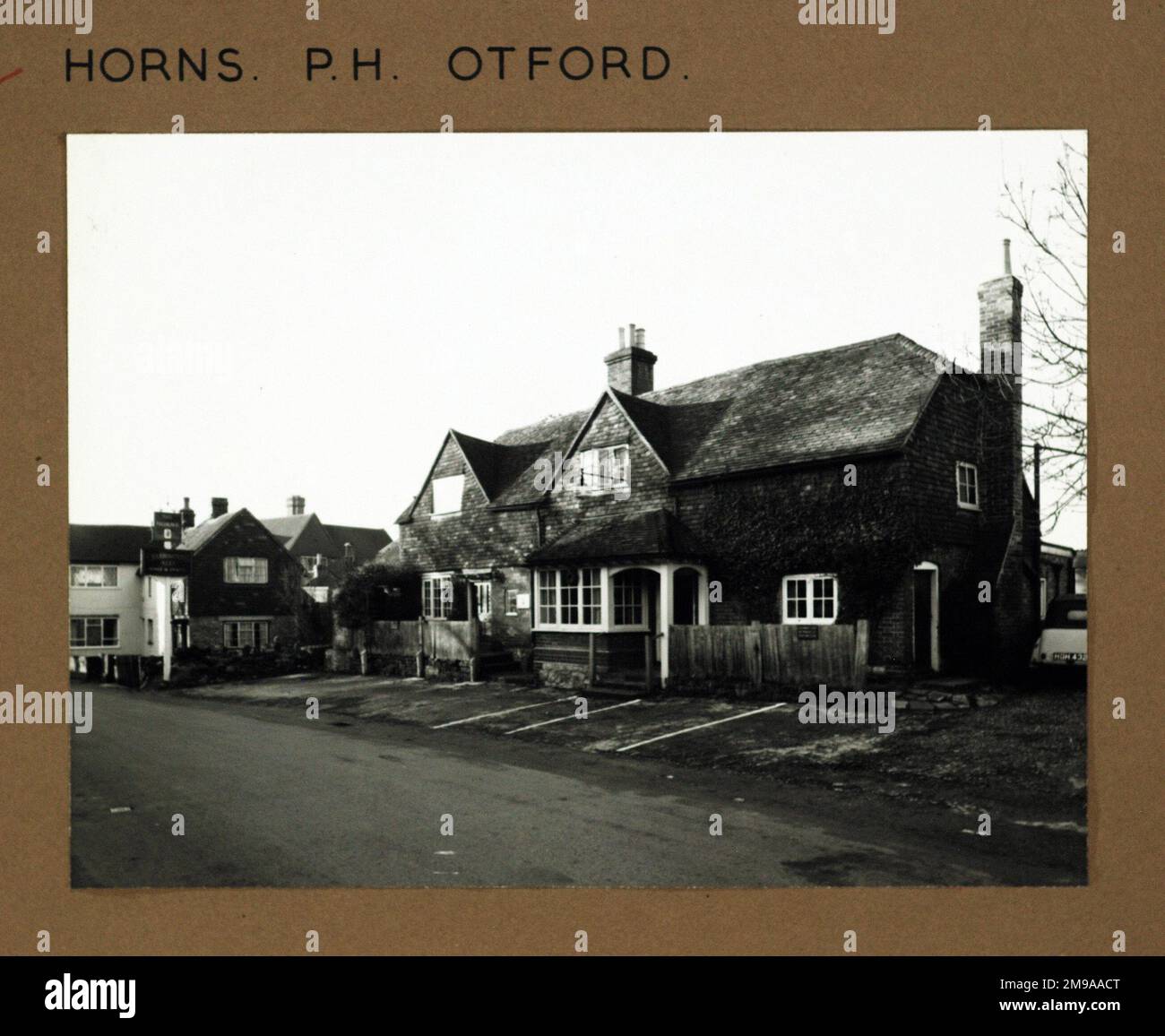 Photograph of Horns PH, Otford, Kent. The main side of the print (shown here) depicts: Right face on view of the pub.  The back of the print (available on request) details: Nothing for the Horns, Otford, Kent TN14 5PH. As of July 2018 . Pub converted into residential accommodation 2015-8 Stock Photo
