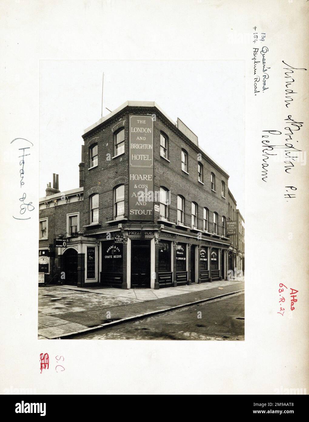 Photograph of London & Brighton PH, Peckham, London. The main side of the print (shown here) depicts: Corner on view of the pub.  The back of the print (available on request) details: Trading Record 1934 . 1961 for the London & Brighton, Peckham, London SE15 2ND. As of July 2018 . Demolished replaced by flats. Stock Photo