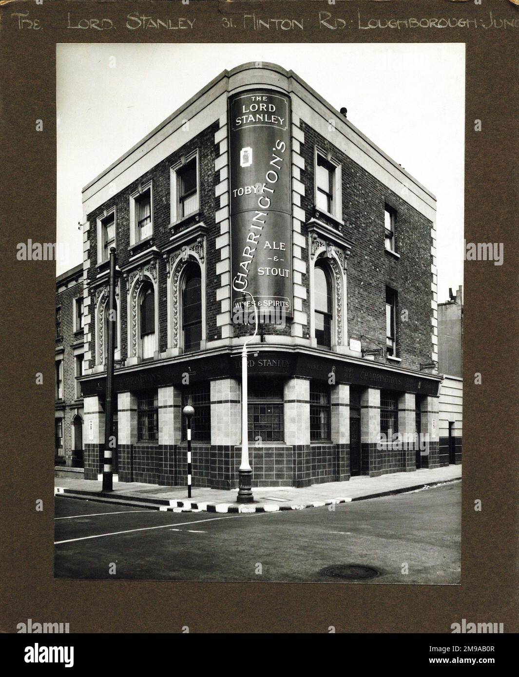 Photograph of Lord Stanley PH, Loughborough Junction, London. The main side of the print (shown here) depicts: Corner on view of the pub.  The back of the print (available on request) details: Nothing for the Lord Stanley, Loughborough Junction, London SE24 0HQ. As of July 2018 . Totally destroyed by enemy action 15 Oct 1940.Reopened as lock up shop 28 July 1941 Stock Photo