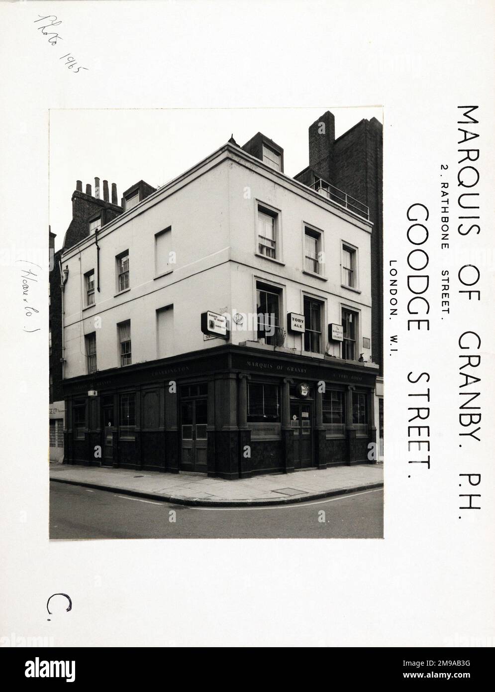 Photograph of Marquis Of Granby PH, Goodge Street, London. The main side of the print (shown here) depicts: Corner on view of the pub.  The back of the print (available on request) details: Trading Record 1951 . 1961 for the Marquis Of Granby, Goodge Street, London W1T 1NR. As of July 2018 . Nicholson's (Mitchells & Butlers) Stock Photo