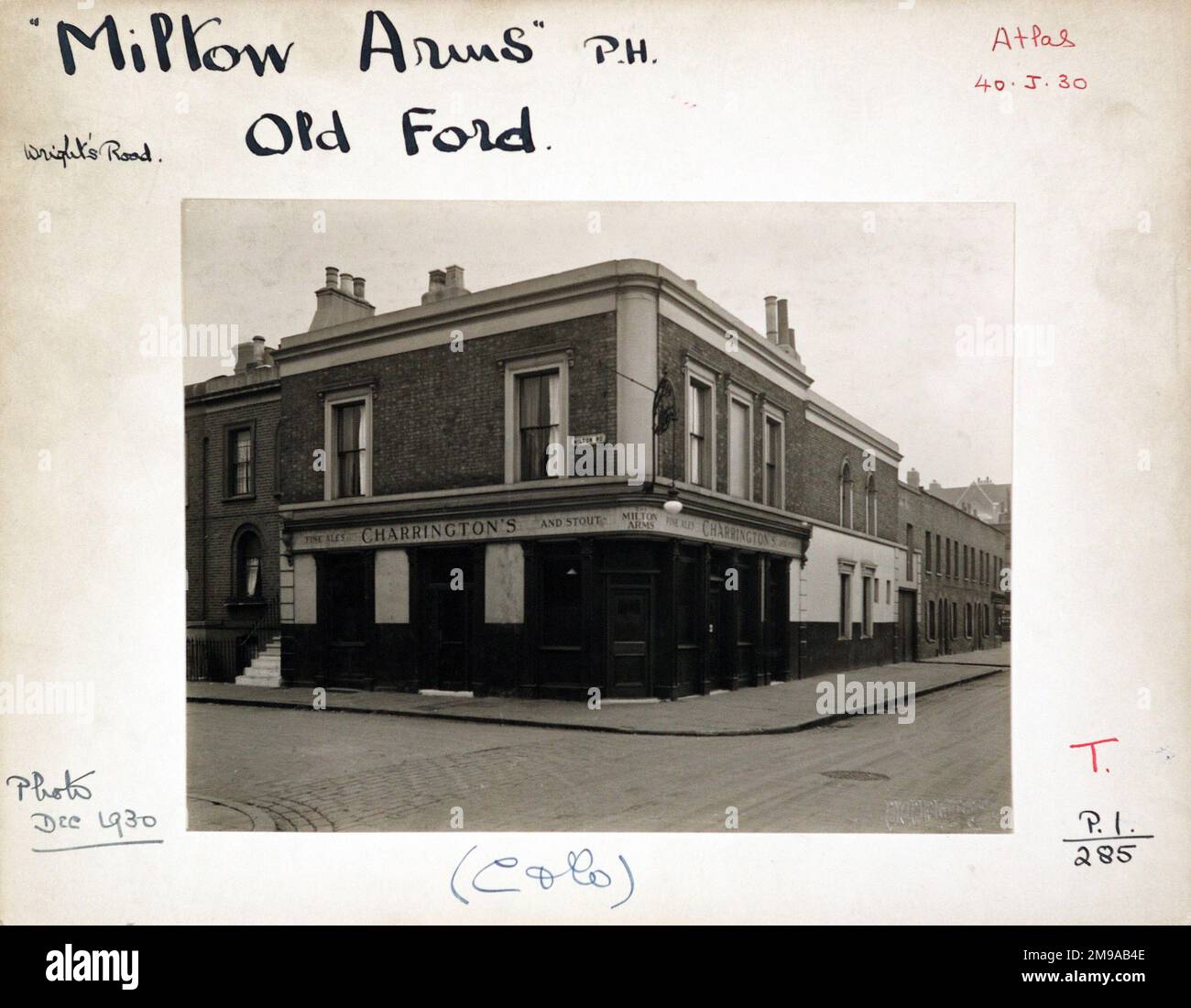 Photograph of Milton Arms, Old Ford, London. The main side of the print (shown here) depicts: Corner on view of the pub.  The back of the print (available on request) details: Trading Record 1924 . 1961 for the Milton Arms, Old Ford, London E3 5LD. As of July 2018 . Closed by July 2007. demolished by November 2008. Stock Photo