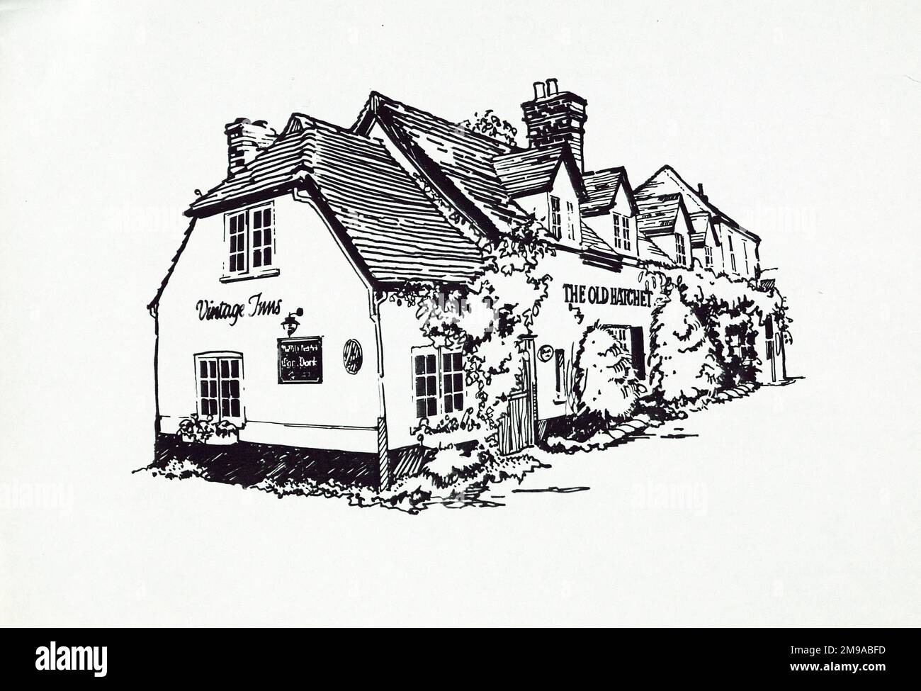Sketch of  Old Hatchet PH, Brighton, Sussex. The main side of the print (shown here) depicts: Sketch of the pub.  The back of the print (available on request) details: Nothing for the Old Hatchet, Brighton, Sussex SL4 2EE. As of July 2018 . Fuller's pub Stock Photo