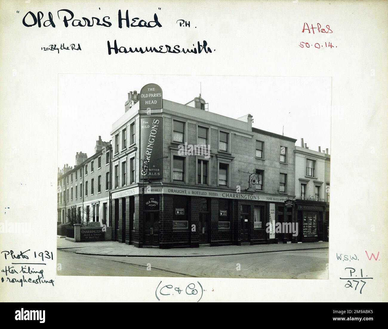 Photograph of Old Parrs Head PH, Hammersmith, London. The main side of the print (shown here) depicts: Corner on view of the pub.  The back of the print (available on request) details: Trading Record 1924 . 1961 for the Old Parrs Head, Hammersmith, London W14 0HD. As of July 2018 . Closed mid April 2014 for development as flats Stock Photo