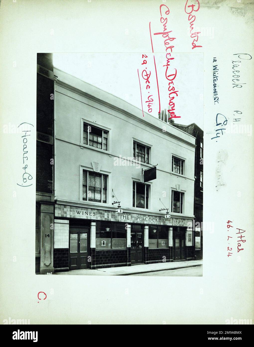 Photograph of Peacock PH, City, London. The main side of the print (shown here) depicts: Left Face on view of the pub.  The back of the print (available on request) details: Trading Record 1934 . 1941 for the Peacock, City, London EC1Y 8JN. As of July 2018 . Bombed and completely destroyed in Dec 1940 Stock Photo