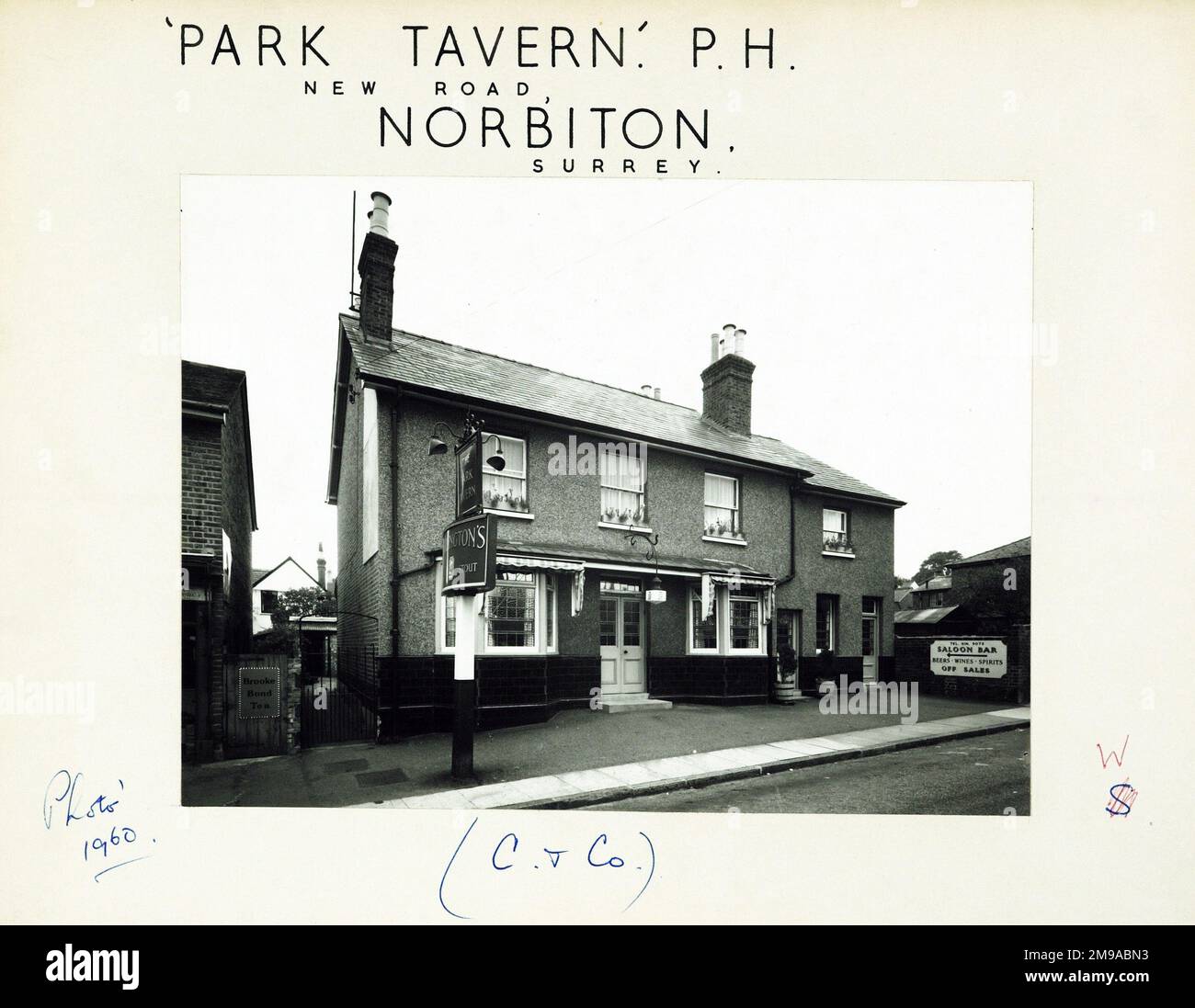 Photograph of Park Tavern , Kingston, Surrey. The main side of the print (shown here) depicts: Left Face on view of the pub.  The back of the print (available on request) details: Trading Record 1939 . 1961 for the Park Tavern, Kingston, Surrey KT2 6AP. As of July 2018 . Free House Stock Photo