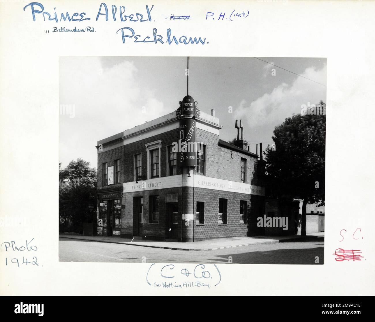 Photograph of Prince Albert PH, Peckham, London. The main side of the print (shown here) depicts: Corner on view of the pub.  The back of the print (available on request) details: Trading Record 1933 . 1961 for the Prince Albert, Peckham, London SE15 4QY. As of July 2018 . Town Centre Inns Stock Photo