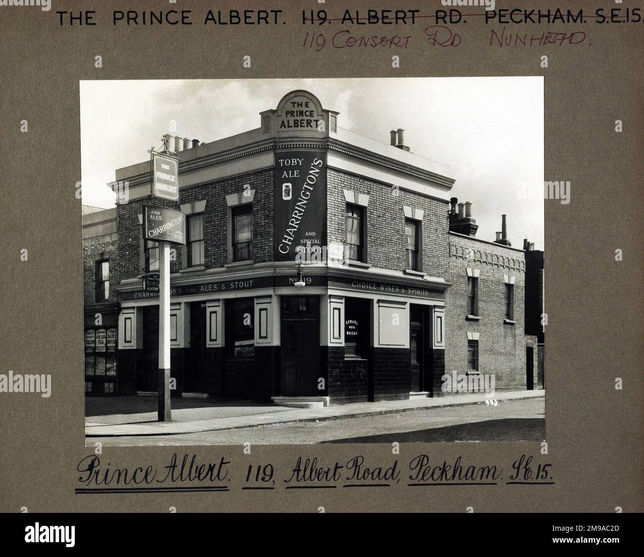 Photograph of Prince Albert PH, Nunhead, London. The main side of the print (shown here) depicts: Corner on view of the pub.  The back of the print (available on request) details: Trading Record 1934 . 1961 for the Prince Albert, Nunhead, London SE15 3RU. As of July 2018 . Now residential with a delicatessen on the ground floor called Frog on the Green Stock Photo