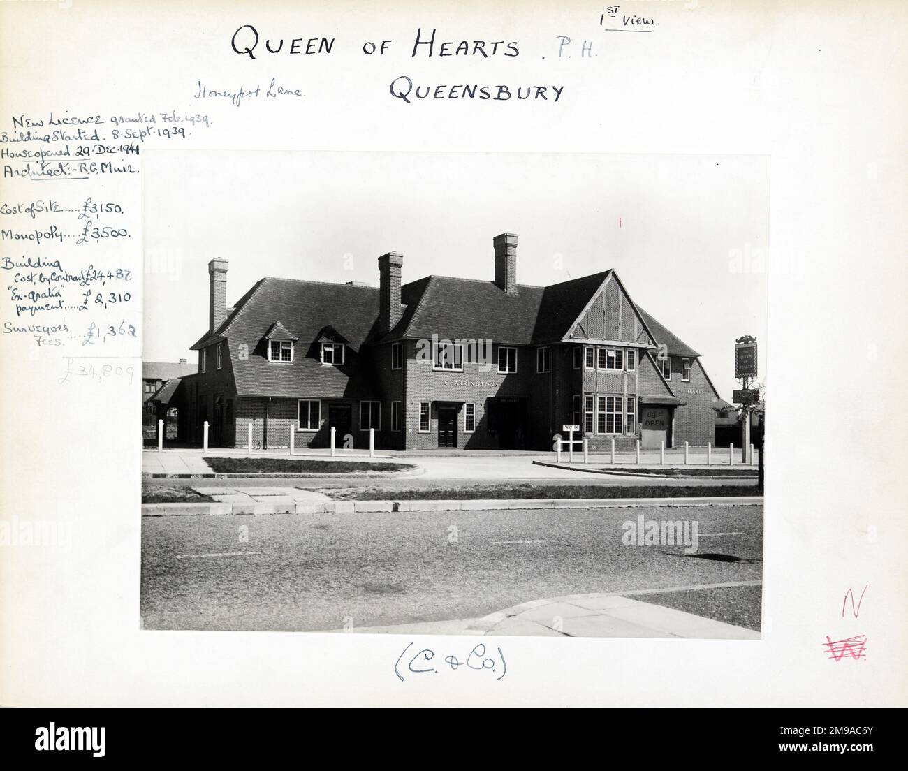 Photograph of Queen Of Hearts PH, Queensbury, Greater London. The main side of the print (shown here) depicts: Left Face on view of the pub.  The back of the print (available on request) details: Trading Record 1941 . 1961 for the Queen Of Hearts, Queensbury, Greater London HA7 1DH. As of July 2018 . Renamed Flamedeck, it has now been demolished and replaced by housing. Stock Photo