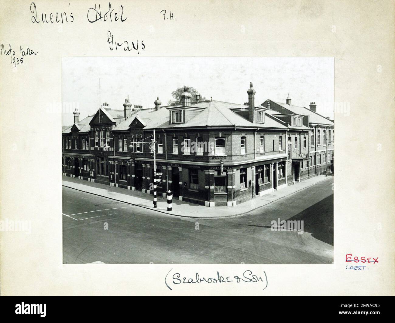 Photograph of Queens Hotel, Grays, Essex. The main side of the print (shown here) depicts
