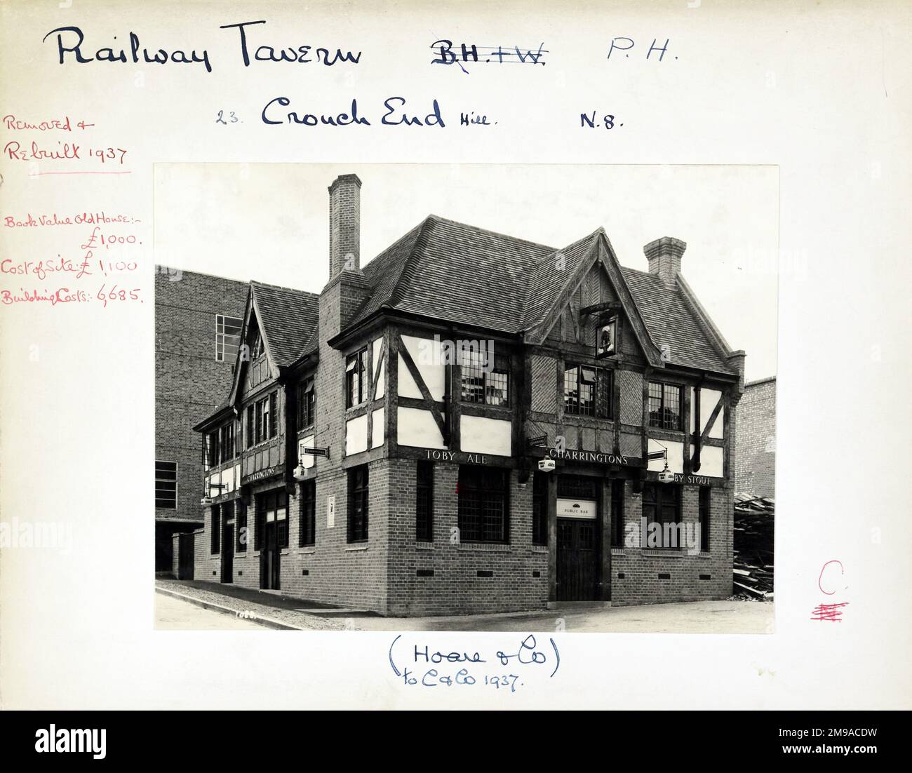 Photograph of Railway Tavern , Crouch End, London. The main side of the print (shown here) depicts: Left Face on view of the pub.  The back of the print (available on request) details: Trading Record 1934 . 1961 for the Railway Tavern, Crouch End, London N8 8DH. As of July 2018 . Mitchells & Butlers Stock Photo