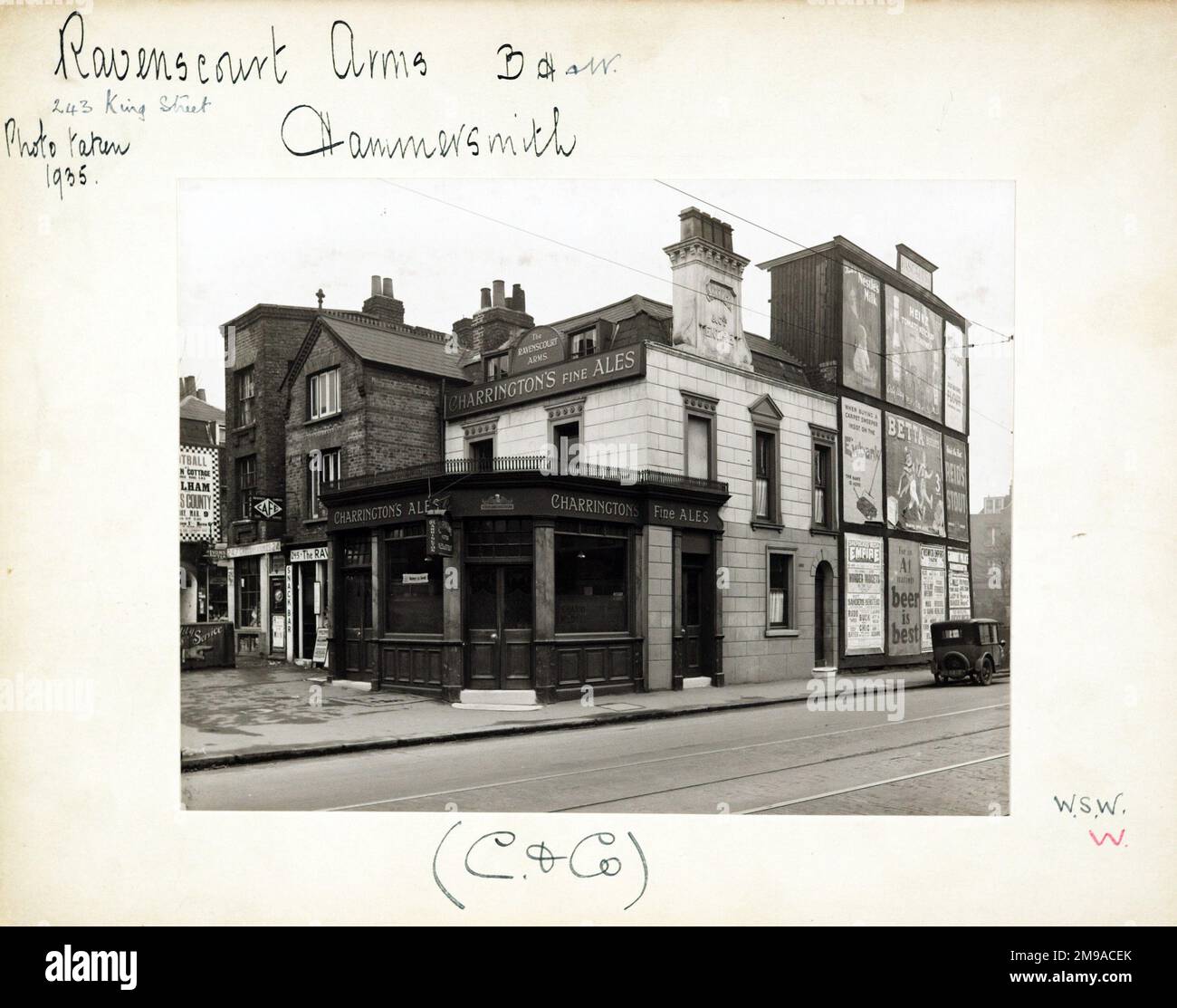 Photograph of Ravenscourt Arms, Hammersmith (Old), London. The main side of the print (shown here) depicts: Corner on view of the pub.  The back of the print (available on request) details: Trading Record 1929 . 1961 for the Ravenscourt Arms, Hammersmith (Old), London W6 9LP. As of July 2018 . Demolished and modern pur built in its place Stock Photo