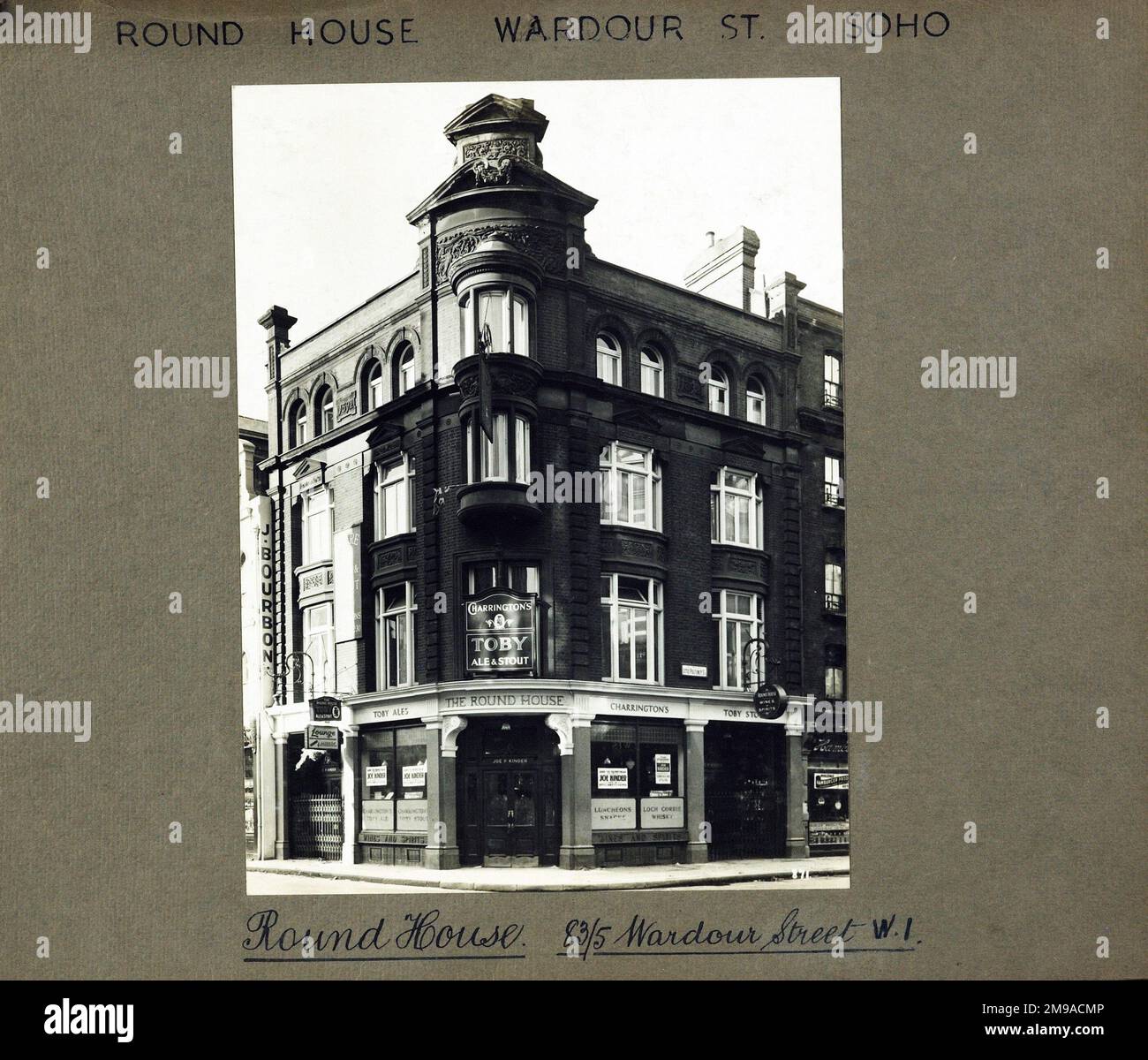 Photograph of Round House PH, Soho, London. The main side of the print (shown here) depicts: Corner on view of the pub.  The back of the print (available on request) details: Nothing for the Round House, Soho, London W1D 6QE. As of July 2018 . Renamed Blue Cross then Roundhouse now O Bar . owner unknown Stock Photo