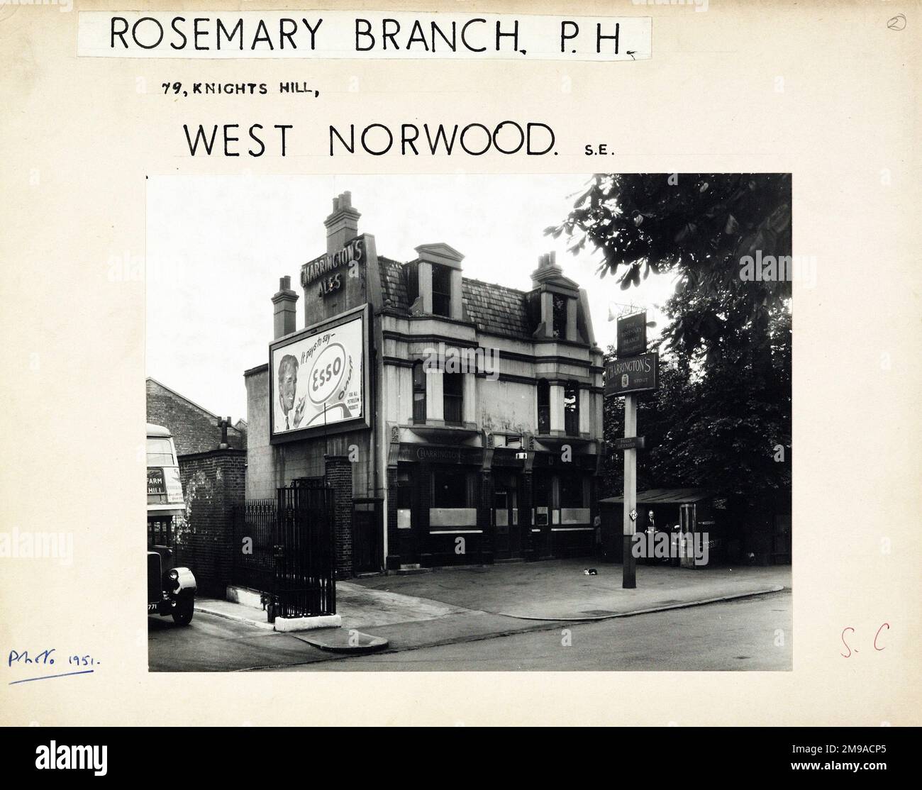 Photograph of Rosemary Branch PH, West Norwood, London. The main side of the print (shown here) depicts: Left Face on view of the pub.  The back of the print (available on request) details: Trading Record 1938 . 1961 for the Rosemary Branch, West Norwood, London SE27 0HN. As of July 2018 . Demolished in 1975 to make way for the Norwood bus depot extension. Stock Photo