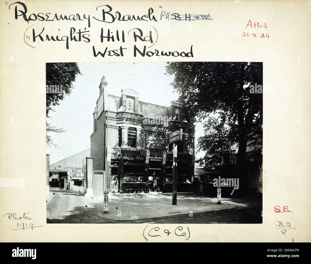 Photograph of Rosemary Branch PH, West Norwood, London. The main side of the print (shown here) depicts: Face on view of the pub.  The back of the print (available on request) details: Trading Record 1913 . 1950 for the Rosemary Branch, West Norwood, London SE27 0HN. As of July 2018 . Demolished in 1975 to make way for the Norwood bus depot extension. Stock Photo