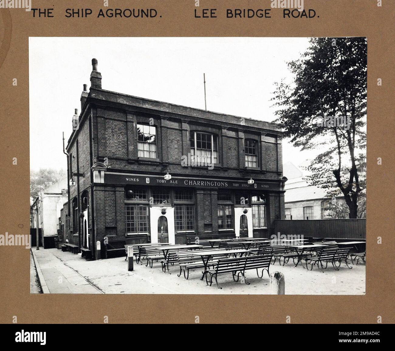 Photograph of Ship Aground PH, Lea Bridge Road, London. The main side of the print (shown here) depicts: Left Face on view of the pub.  The back of the print (available on request) details: Nothing for the Ship Aground, Lea Bridge Road, London E5 9RB. As of July 2018 . Ex Punch Taverns, Demolished except facia c.2015. Now a Sikh temple Stock Photo