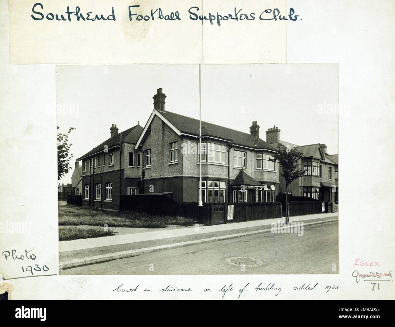 Photograph of Southend FC Supporters Club, Southend, Essex. The main side of the print (shown here) depicts: Left Face on view of the pub.  The back of the print (available on request) details: Trading Record 1923 . 1953 for the Southend FC Supporters Club, Southend, Essex SS1 2RF. As of July 2018 . Renamed Windermere Club . private members club Stock Photo