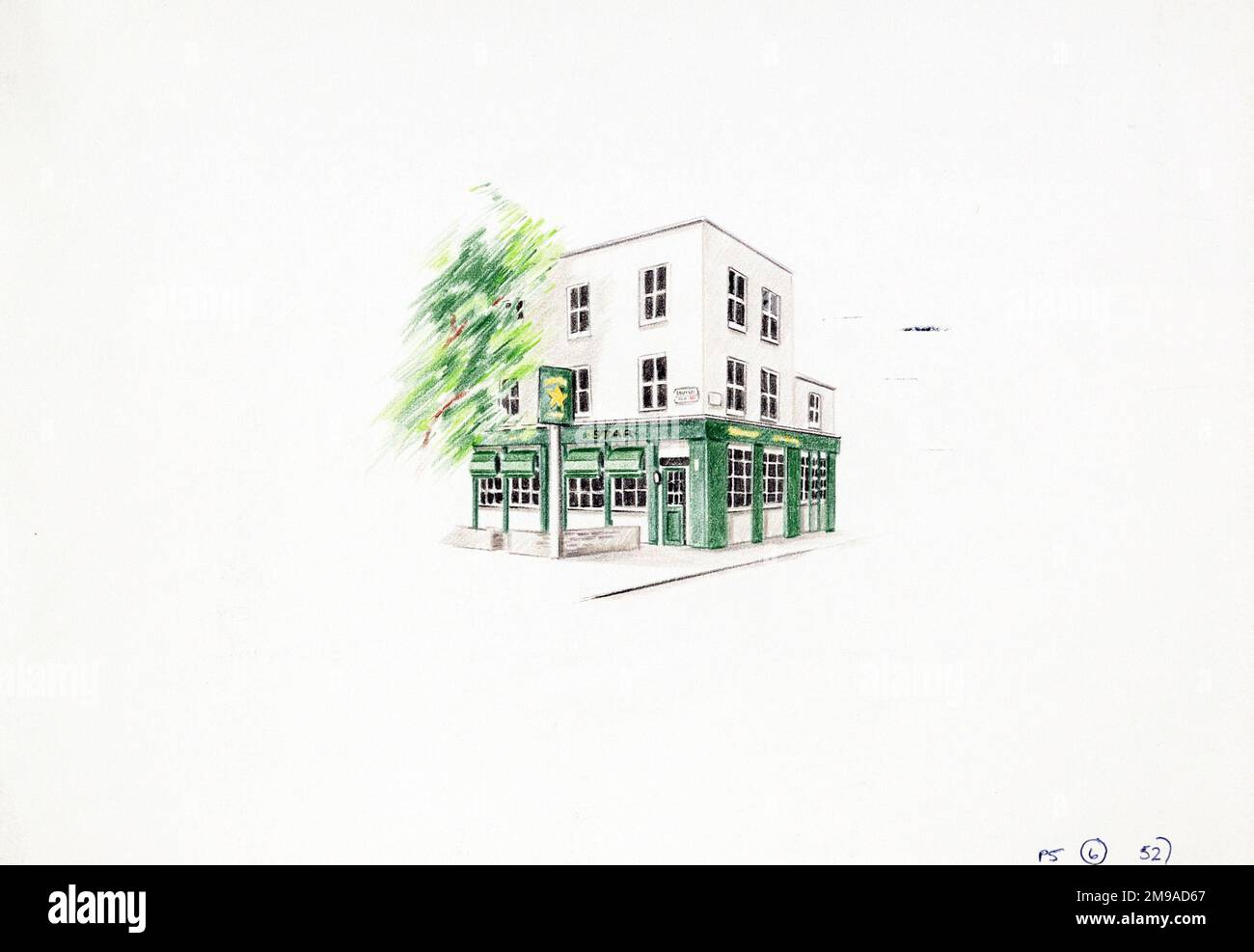 Sketch of  Star PH, St Johns Wood, London. The main side of the print (shown here) depicts: Sketch of the pub.  The back of the print (available on request) details: Nothing for the Star, St Johns Wood, London NW8 6LS. As of July 2018 . Renamed Drunch as a restaurant . individually owned Stock Photo