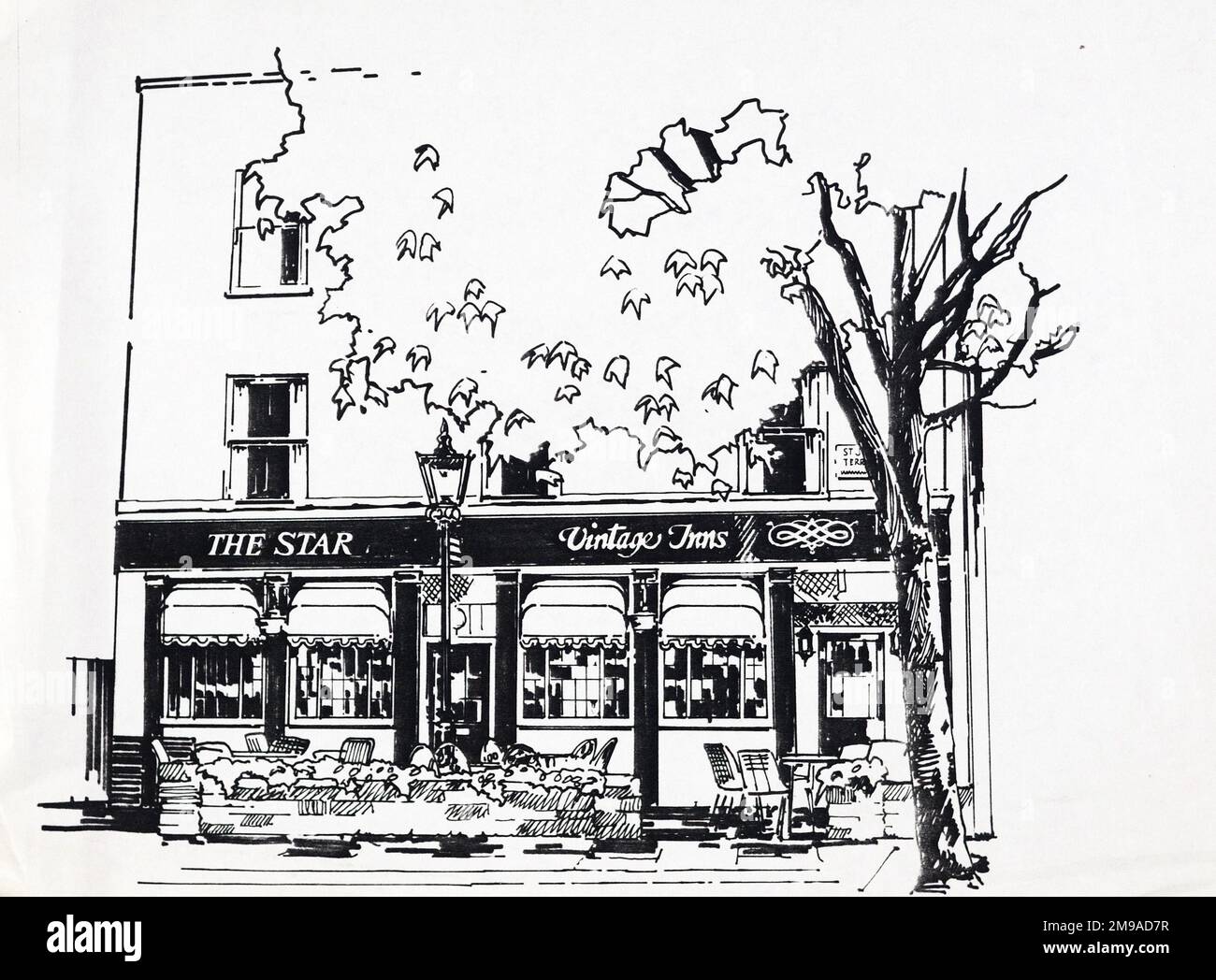 Sketch of  Star PH, St Johns Wood, London. The main side of the print (shown here) depicts: Sketch of the pub.  The back of the print (available on request) details: Nothing for the Star, St Johns Wood, London NW8 6LS. As of July 2018 . Renamed Drunch as a restaurant . individually owned Stock Photo