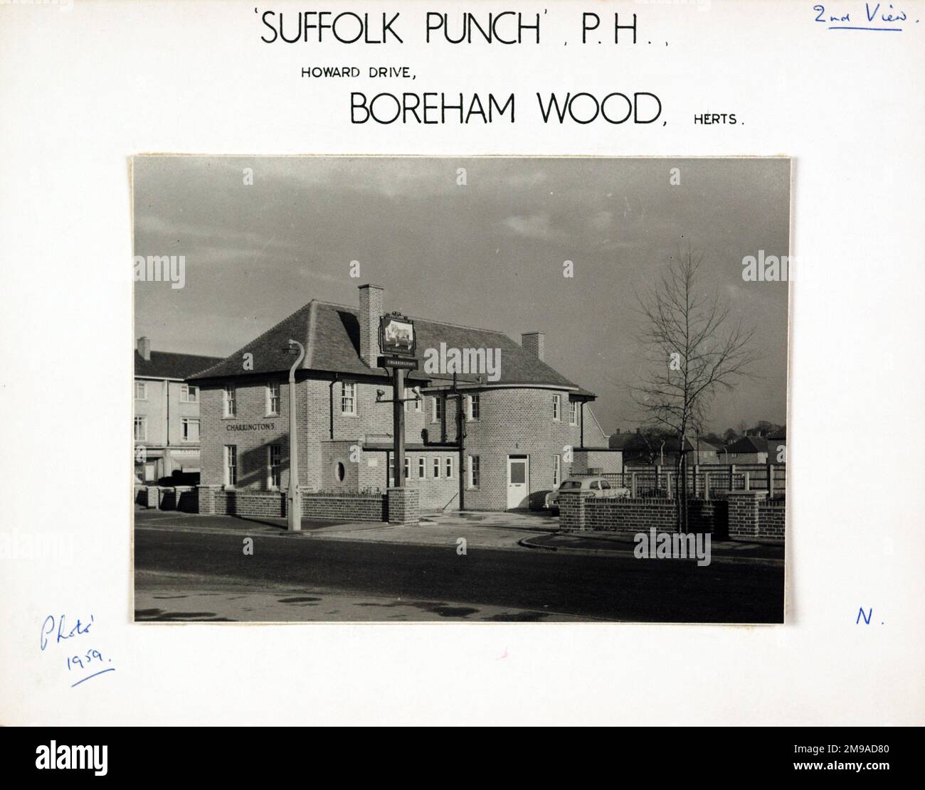 Photograph of Suffolk Punch PH, Borehamwood, Hertfordshire. The main side of the print (shown here) depicts: Rear view of the pub.  The back of the print (available on request) details: Nothing for the Suffolk Punch, Borehamwood, Hertfordshire WD6 2PA. As of July 2018 . Renamed Willow Tree now flats Stock Photo