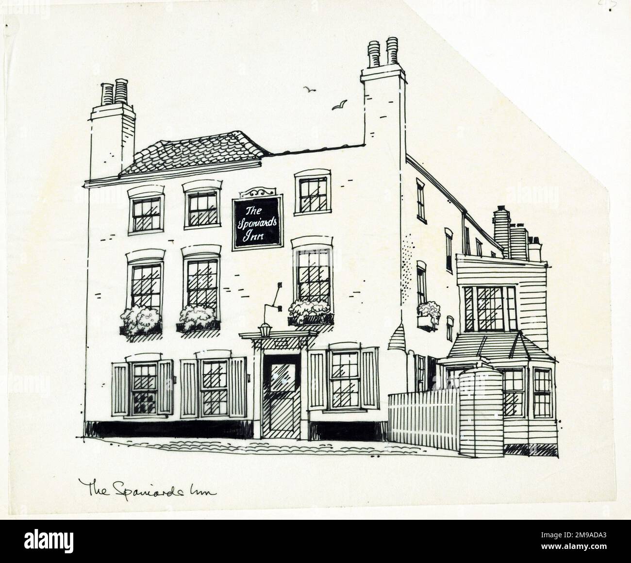 Sketch of  Spaniards Inn, Hampstead, London. The main side of the print (shown here) depicts: Sketch of the pub.  The back of the print (available on request) details: Nothing for the Spaniards Inn, Hampstead, London NW3 7JJ. As of July 2018 . Castle (Mitchells & Butlers) Stock Photo