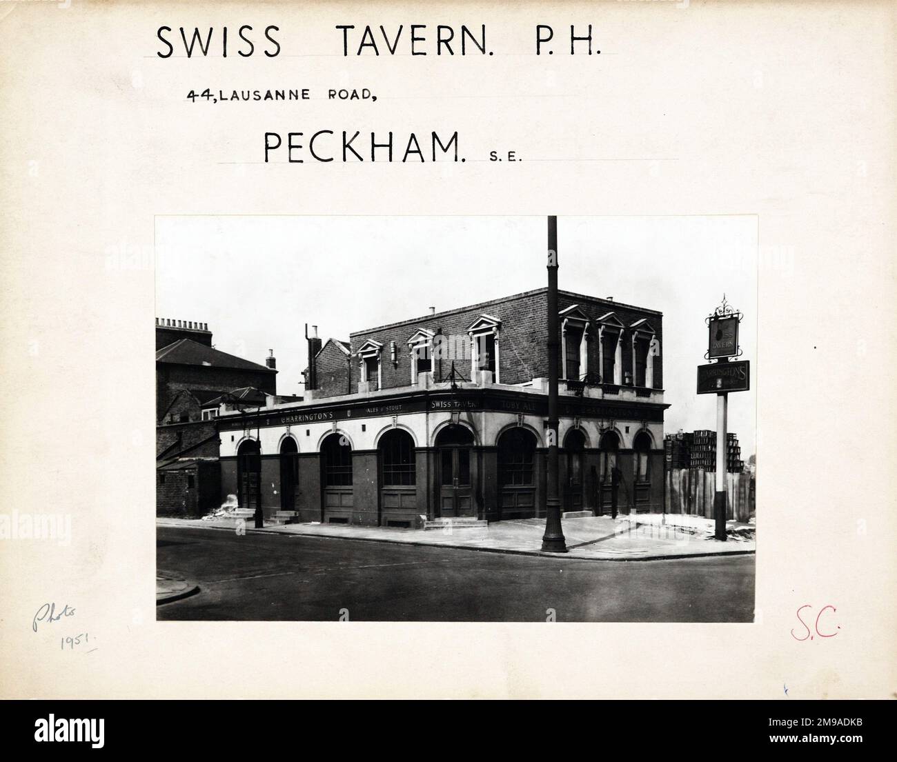 Photograph of Swiss Tavern , Peckham, London. The main side of the print (shown here) depicts: Corner on view of the pub.  The back of the print (available on request) details: Trading Record 1938 . 1961 for the Swiss Tavern, Peckham, London SE15 2HU. As of July 2018 . Closed and converted to block of flats Stock Photo