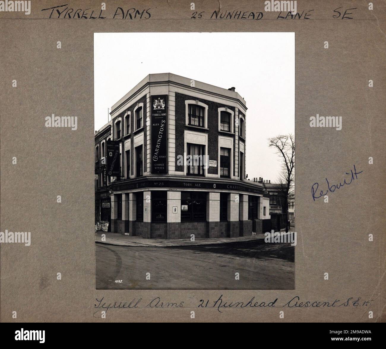 Photograph of Tyrell Arms, Nunhead (Old), London. The main side of the print (shown here) depicts: Corner on view of the pub.  The back of the print (available on request) details: Nothing for the Tyrell Arms, Nunhead (Old), London SE15 3TQ. As of July 2018 . Demolished for new pub Stock Photo