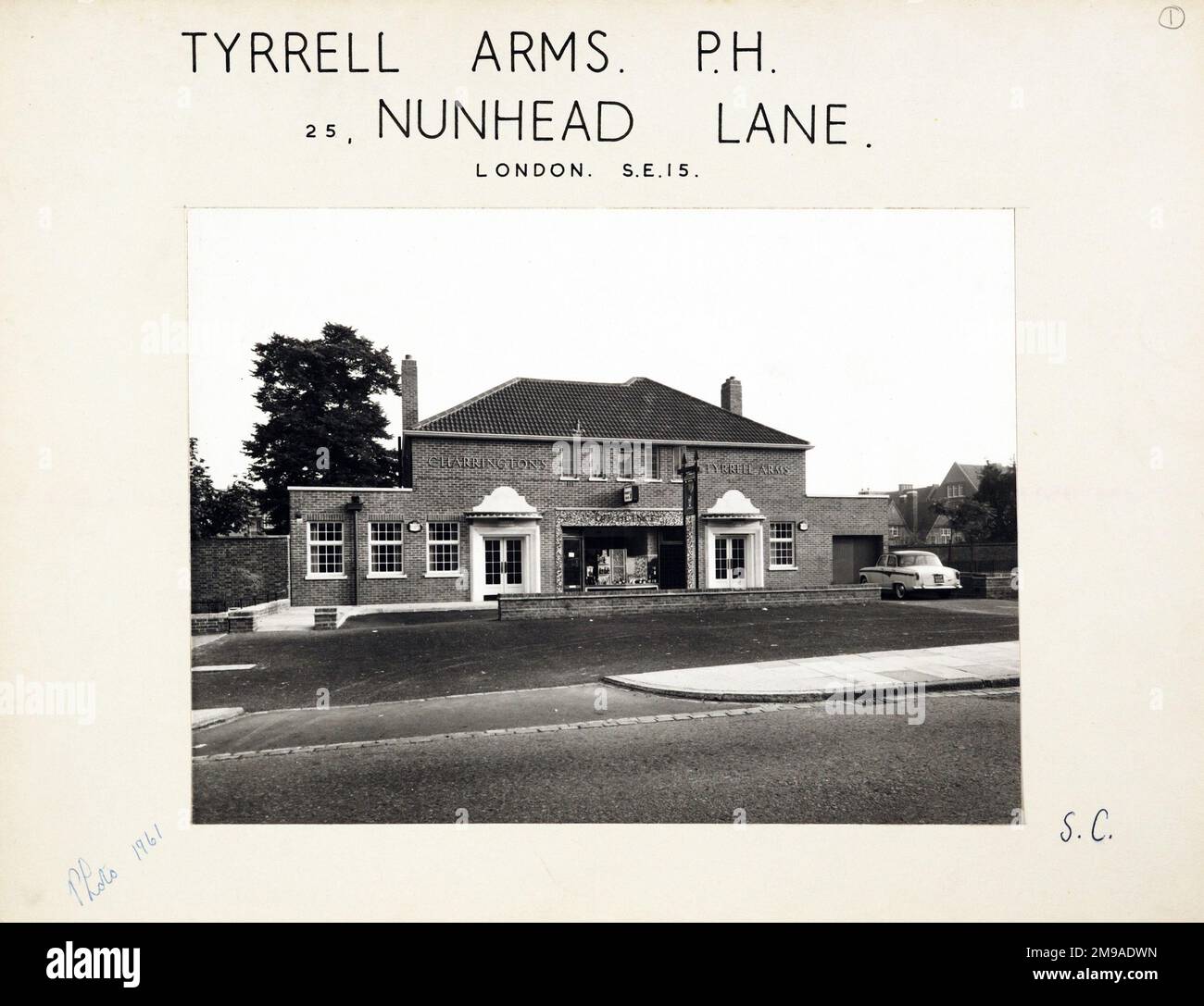 Photograph of Tyrell Arms, Nunhead (New), London. The main side of the print (shown here) depicts: Face on view of the pub.  The back of the print (available on request) details: Trading Record 1961 . 1962 for the Tyrell Arms, Nunhead (New), London SE15 3TQ. As of July 2018 . Demolished Stock Photo