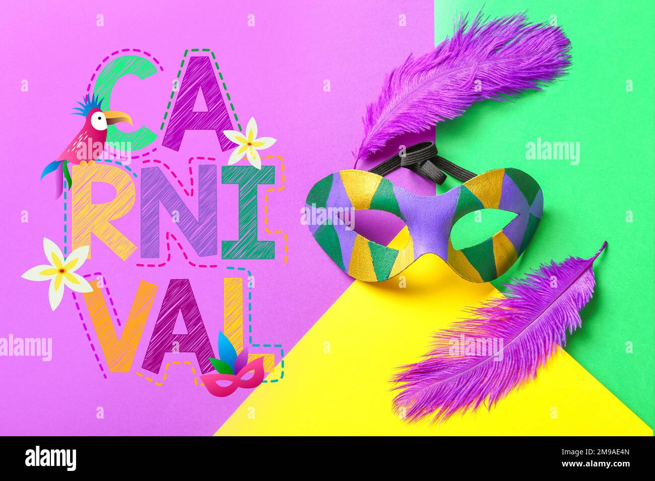 Carnival mask and feathers on colorful background Stock Photo - Alamy