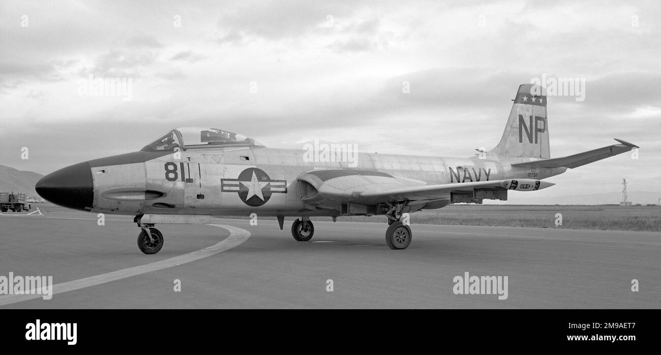 United States Navy - McDonnell F2H-3 Banshee 127511 ( base code NP, call-sign 81), of VC-3. The wing-tips show the mounting-pylon for thw 200 US gallon wing-tip drop tanks.  1955: VC-3 as NP 106. Stock Photo