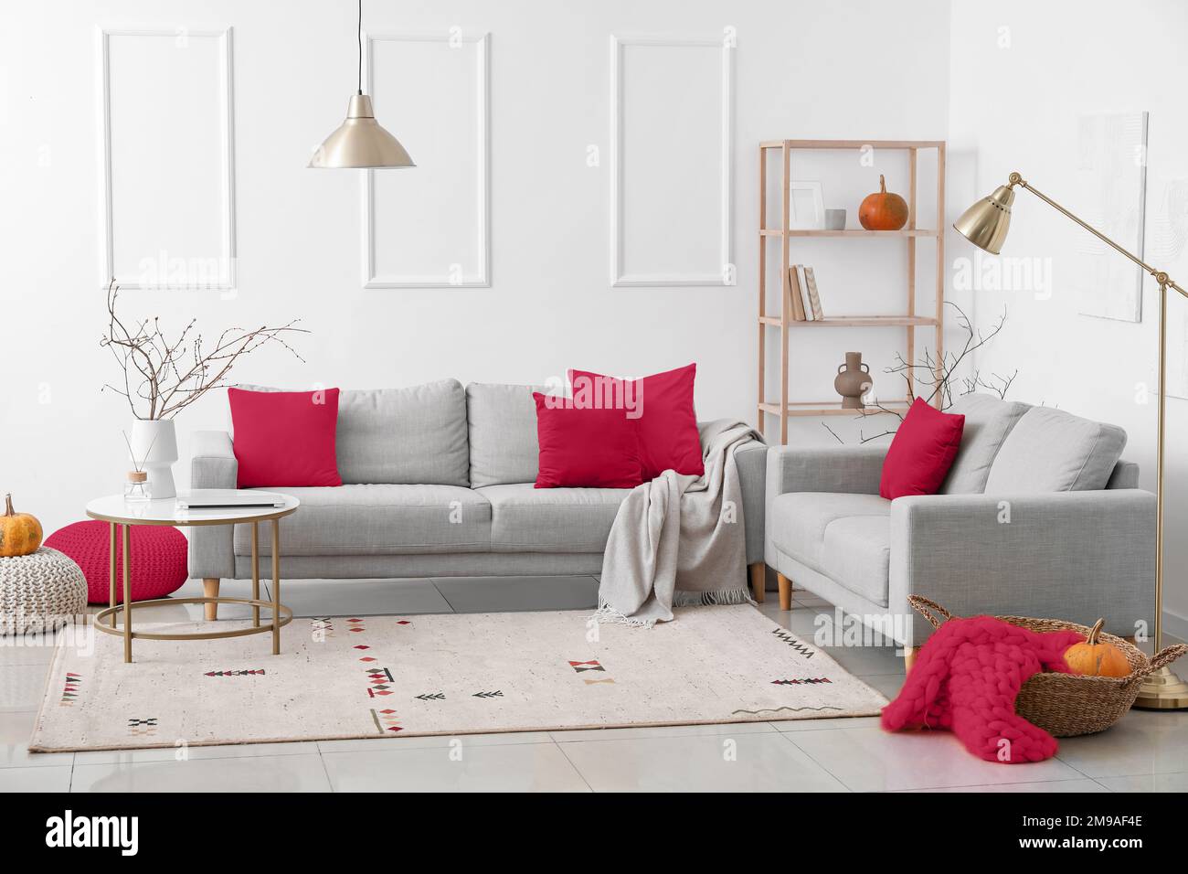 Interior of light living room with grey sofas and autumn decor Stock Photo  - Alamy, image size:1300x956