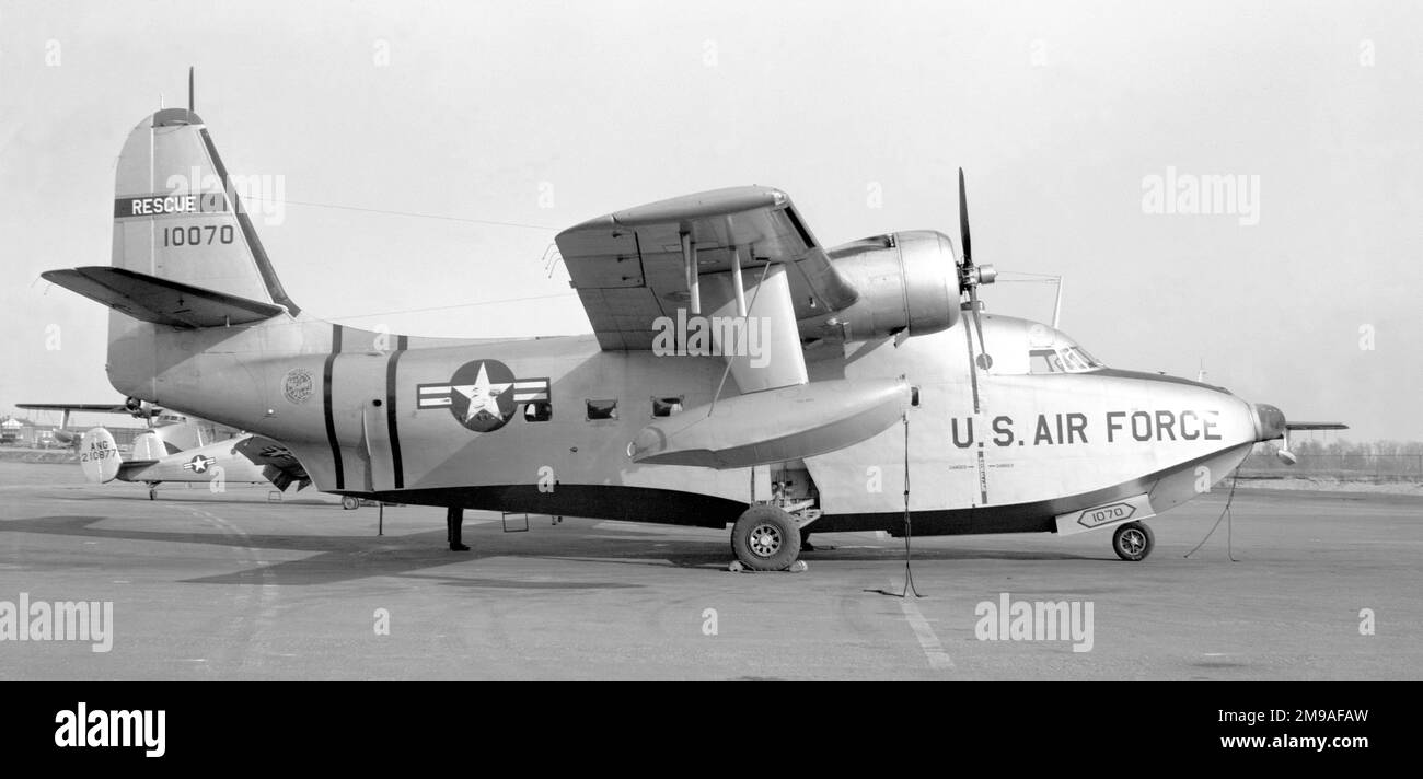 United States Air Force - Grumman SA-16A Albatross 51-0070 (msn 149) of the Military Air Transport Service (MATS) Later 51-070 was modified to SA-16B, then to SA-16B - ASW (Model G-251), as a prototype for MDAP supply to other air arms as Ant-Submarine Patrol aircraft. Re-designated again in 1962 as HU-16B and delivered to the Royal Norwegian Air Force - (Luftforsvaret) as 10070, coded KK-H. After return to US control it was delivered, under MAP, to the Royal Hellenic Air Force, (later Hellenic Air Force) as 510070 in 1970. Noted preserved at Elefsis in September 2005. Stock Photo