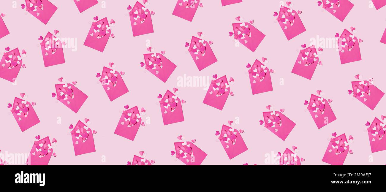 Envelopes with paper hearts on pink background. Pattern for design ...