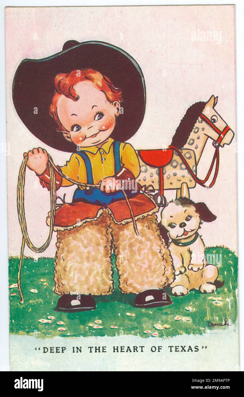 The caption on the postcard is 'Deep in the heart of Texas'. During the war tens of thousands of Americans came to the UK and things American became very popular. This is a play on the song written by Swander and Hershey, first sung by Perry Como shortly after Pearl Harbour. Cute Kids WW2 Wartime humour Stock Photo