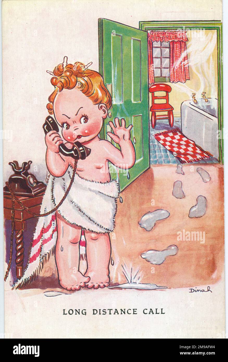 The postcard caption is 'Long distance call'. Churchill's message on the back is 'Express your thanks by building tanks'.  The sender's message suggests that the relationship is under strain - 'My Darling, Perhaps in the near future I shall have a long distance call. I wonder if I'd recognise your voice after all this time'. Cute Kids WW2 Wartime humour Stock Photo
