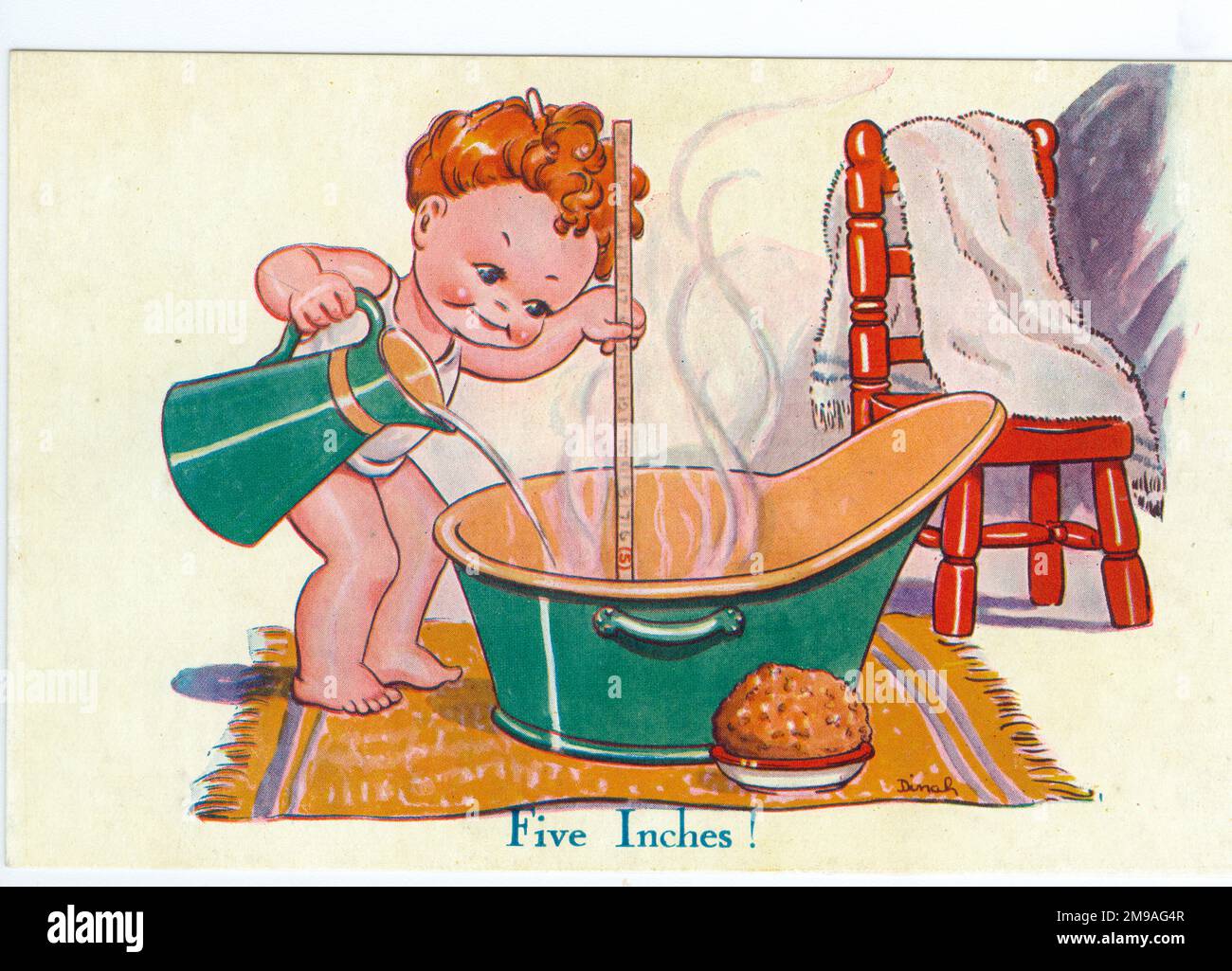 The public was asked to restrict the depth of water in their baths to 5 inches (13cm) in order to limit the use of power resources. The Caption here is 'Five Inches!' Note the sponge.The Prime Minister's words on the back are 'We shall continue steadfast in faith and duty until our task is done'. Cute Kids WW2 Wartime humour Stock Photo