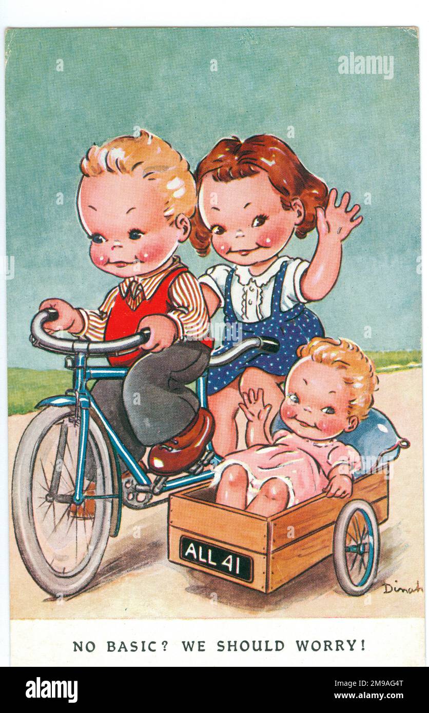 The Caption is 'No Basic? We should worry!' 'Basic' refers to the basic petrol ration. Petrol was rationed from September 1939 and contiinued until 1950. Cute Kids WW2 Wartime humour Stock Photo